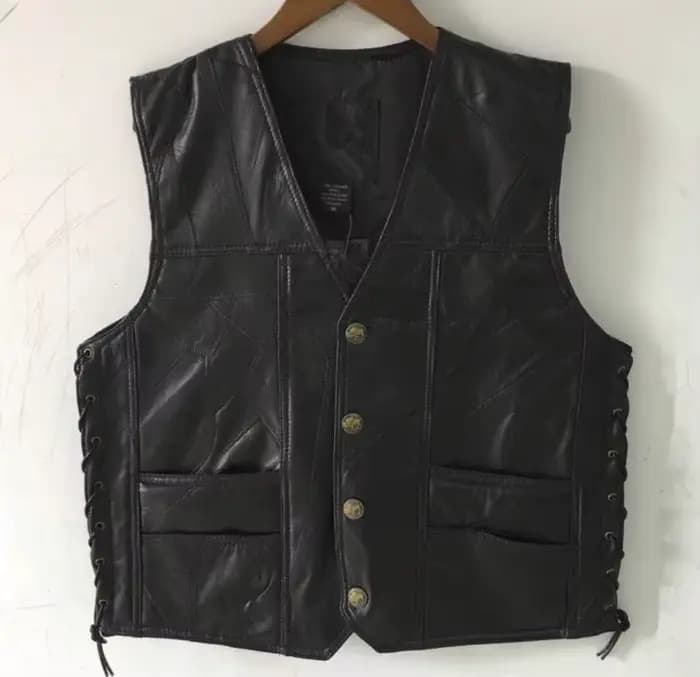 Gilet de moto en cuir noir réglable avec lacets latéraux pour homme