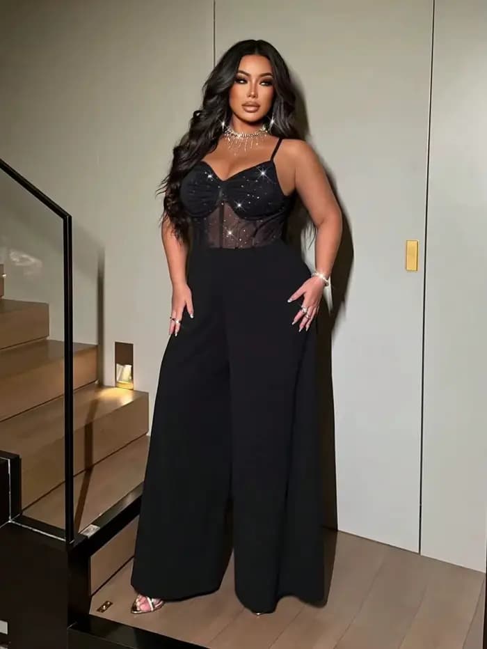 Combinaison sexy à jambes larges pour femme grande taille, une combinaison élégante dos nu avec maille extensible scintillante, adaptée aux dates, aux fêtes