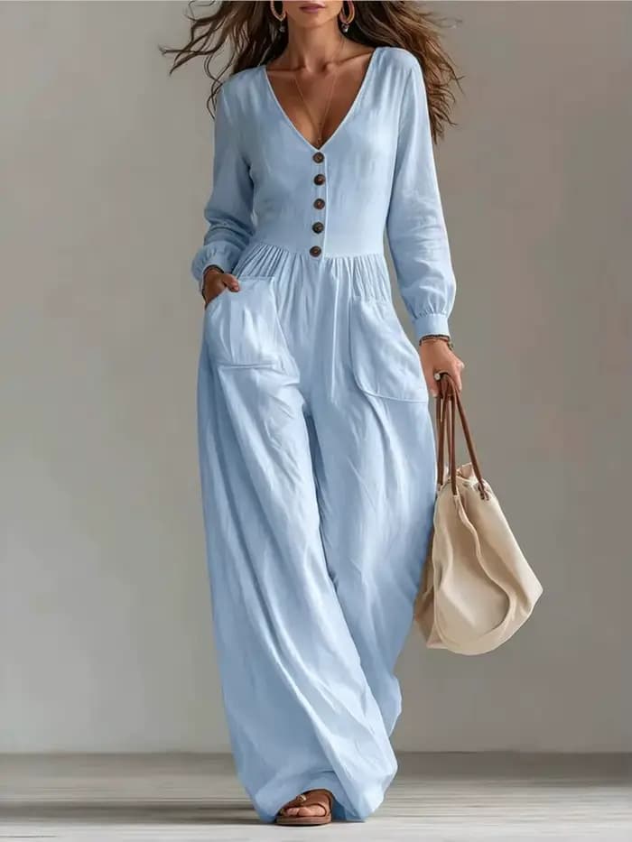 Combinaison blanche pour femme, col en V profond, manches longues, boutonnée sur le devant, jambes larges, décontractée, avec poches, tenue de plage pour les vacances