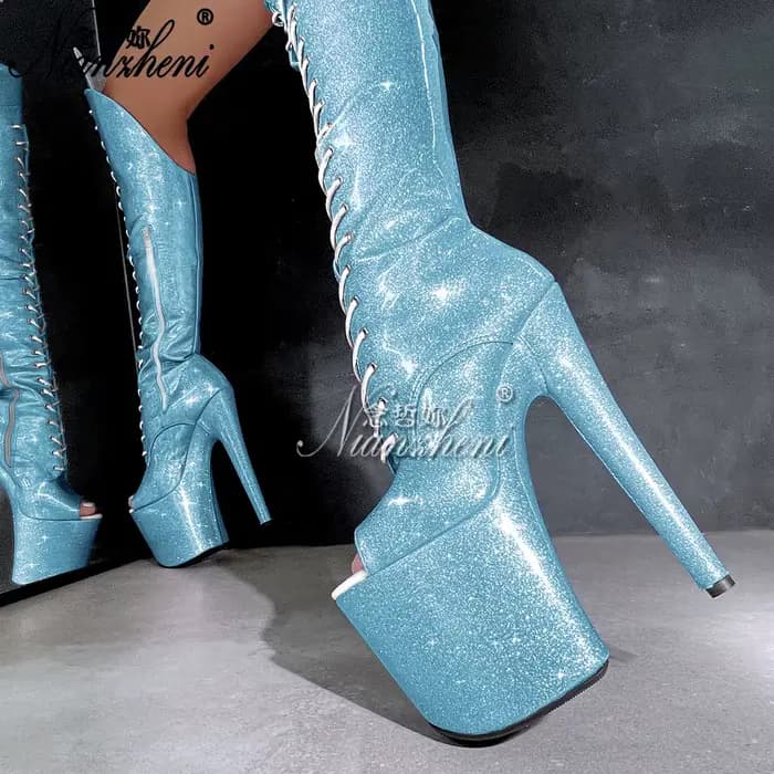 Paillettes violet 8 pouces talons hauts Sexy 20cm Stiletto sur le genou bottes plate-forme de Combat pôle chaussures de danse strip-teaseuse exotique femmes
