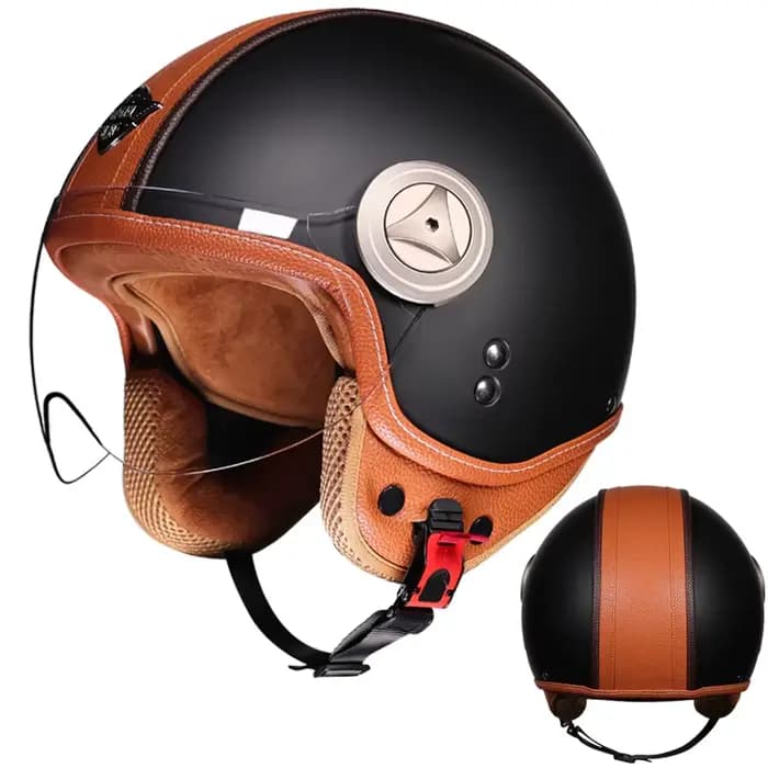 Casque de moto demi-visage rétro couture en cuir Beige marron