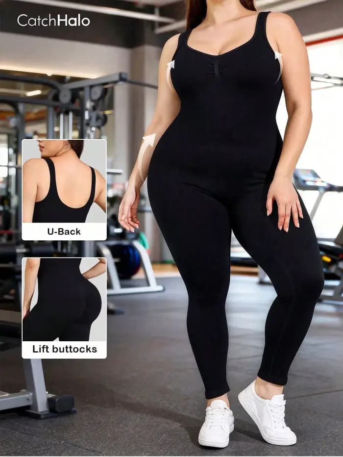 Combinaison de yoga sans coutures pour femme, grande taille — Dos nu, col en U, sans manches — Bodysuit gainant effet push-up fessier — Tenue de fitness et d'entraînement
