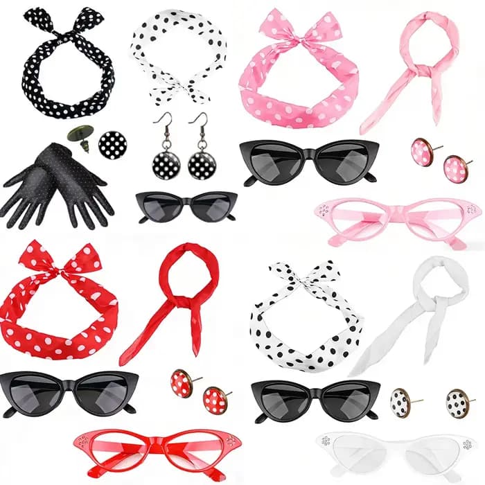 Ensemble d'accessoires de fête Carnival années 1950 à pois : Lunettes œil-de-chat, Bandeau rétro à pois, Gants, Boucles d'oreilles – Tenue d'Halloween