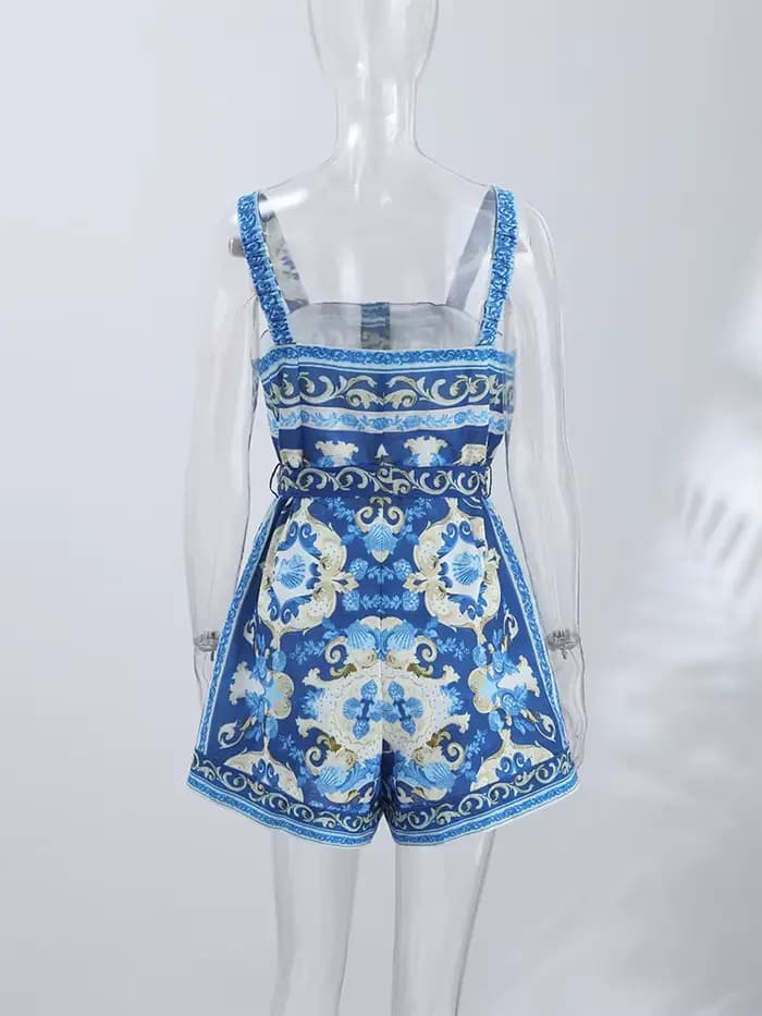 Combinaison-short en lin imprimé pour femme, à lacets, taille haute, jambes larges, nouvelle collection été 2026, chic pour les vacances