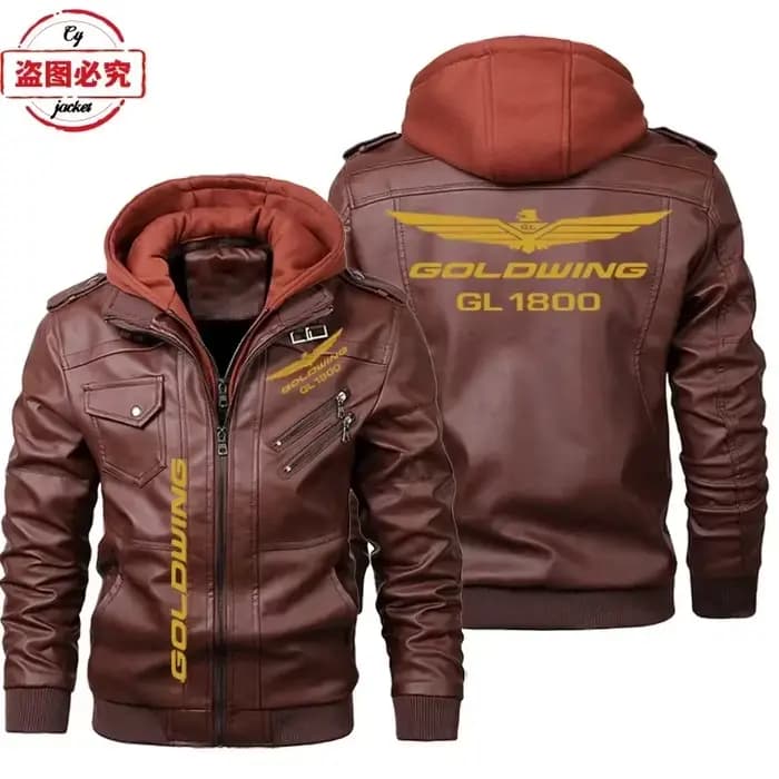 Golden Wing 1800 Logo de moto imprimé rétro lavé veste en cuir PU coupe-vent hommes veste en cuir à capuche costume d'équitation