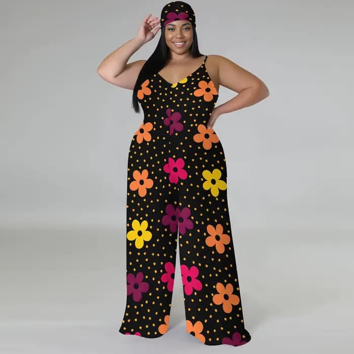 Combinaison florale grande taille – Barboteuse à jambes larges et épaules dénudées avec écharpe, pantalon Boho Palazzo pour femme