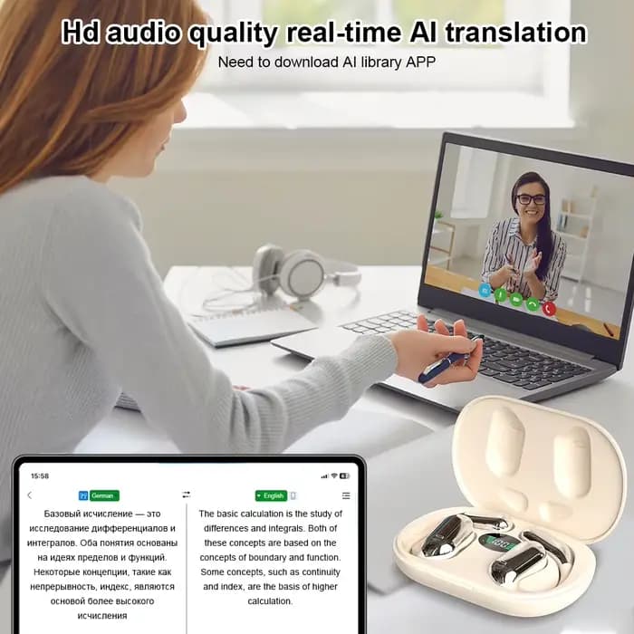 Écouteurs de traduction Bluetooth sans fil, 140 langues, traducteur instantané, écouteurs intelligents, voix en temps réel pour les voyages