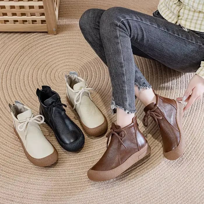 Nouvelles bottes d'hiver en cuir véritable pour femmes, bottines hautes à lacets, bottes courtes chaudes en fourrure, chaussures orthopédiques pour femmes, bottines à la cheville.