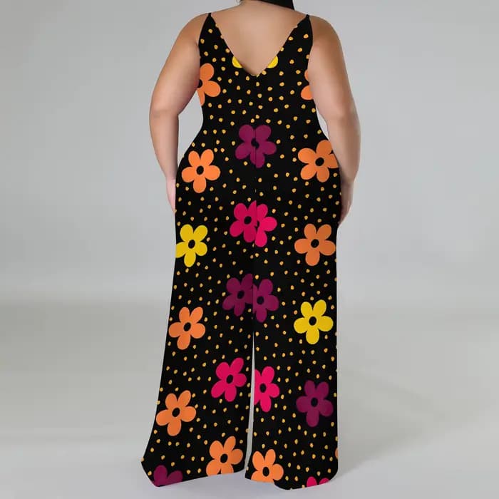 Combinaison florale grande taille – Barboteuse à jambes larges et épaules dénudées avec écharpe, pantalon Boho Palazzo pour femme