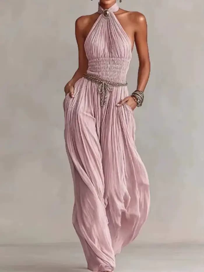 Combinaison élégante dos nu ajourée unie, sexy, à col licou, sans manches, à jambes larges, pour femme, avec taille froncée, style décontracté