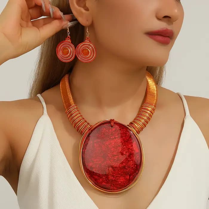 Ensemble de bijoux tendance pour femme : collier bib et boucles d'oreilles faits main en fil d'aluminium avec grandes pierres rondes en résine, accessoires de soirée