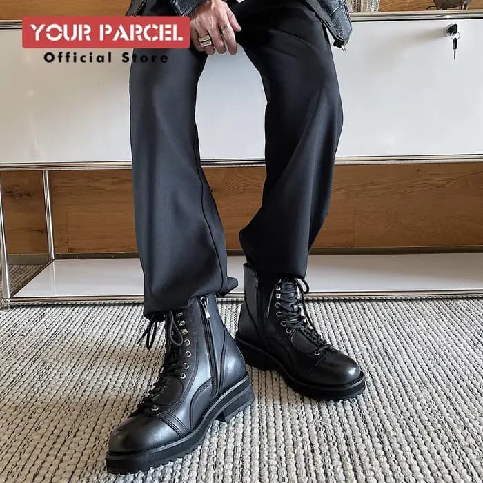 Bottes courtes en cuir noires à lacets pour hommes