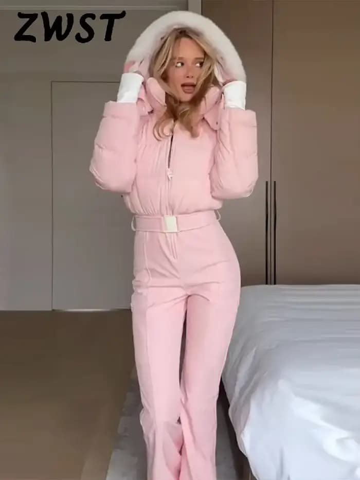 Combinaison en Patchwork de fourrure épaisse rose pour femme, Slim, manches longues, capuche, fermeture éclair, taille haute, vêtements de ski, mode hiver, barboteuse chaude pour dame