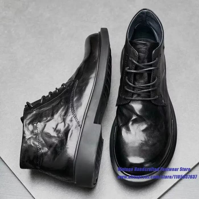 Bottes pour hommes en cuir de vachette noir froissé