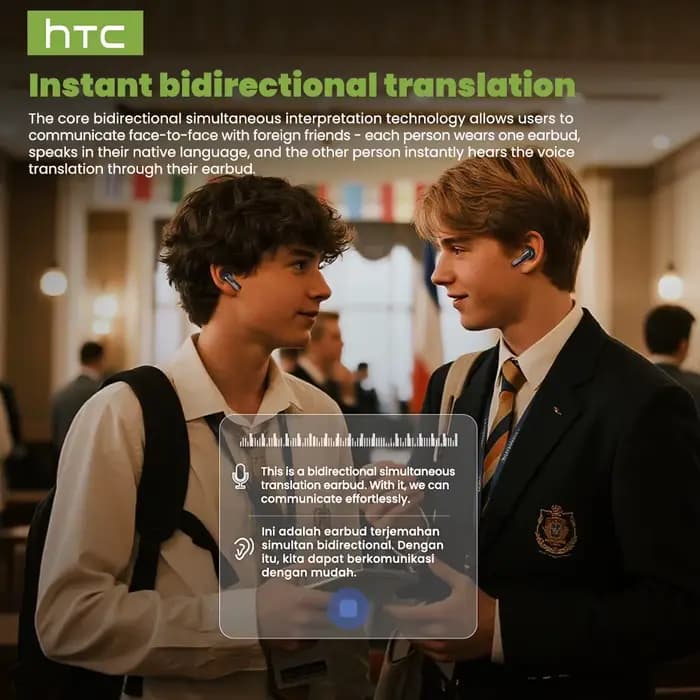 Écouteurs Bluetooth avec traduction IA en temps réel, 134 langues, confort intra-auriculaire, son surround pour les voyages et le travail, HTC NE60 TWS