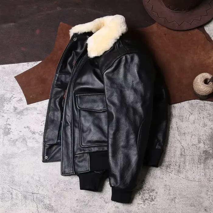 Veste de pilote d'hiver noire en cuir pour hommes