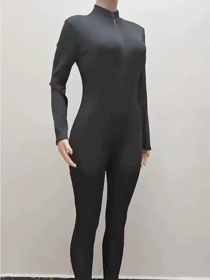 Combinaison longue côtelée zippée pour femme 2025 – Le summum de la mode athlétique, combinaison à manches longues, col en V zippé, body long