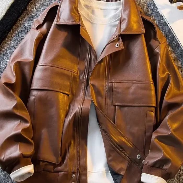 Veste en cuir ample à revers rétro japonais pour hommes et femmes