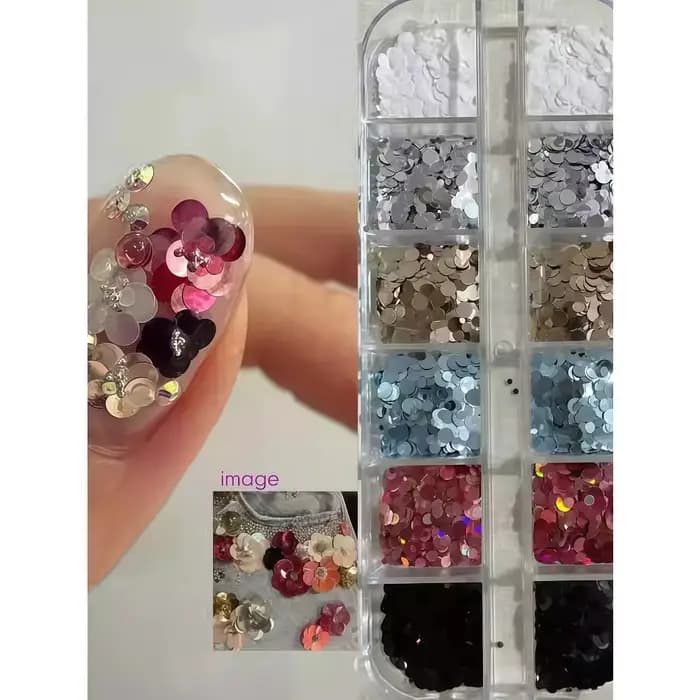 1 pièce d'accessoires pour nail art à 12 compartiments, à pois et pailletés, style Instagram ; accessoires pour nail art rétro à fleurs et paillettes.