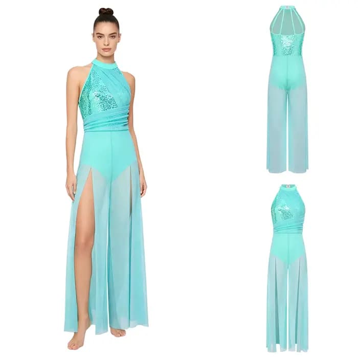 Combinaison de danse lyrique moderne pour femme, avec haut à sequins dos nu, en maille, à jambes larges, pour la gymnastique rythmique