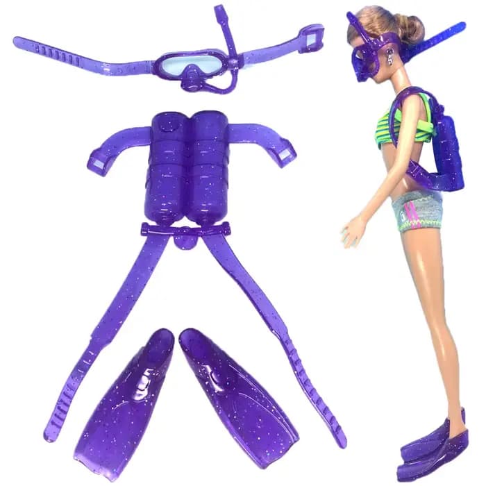 1 ensemble d'accessoires pour poupées de 11.5 pouces, pour poupées de 29 à 32CM, équipement de plongée violet, réservoir d'oxygène en plastique, lunettes de natation, pieds 1/6, cadeau