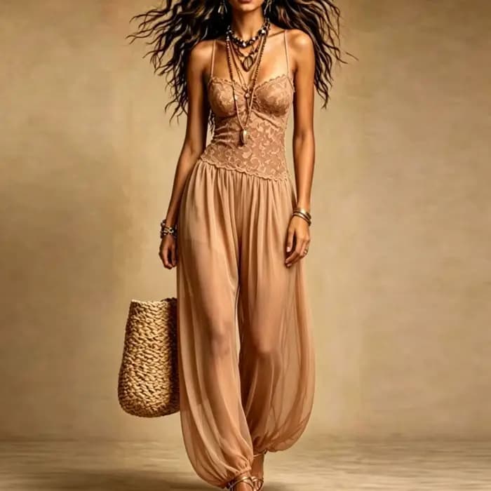 Combinaison Femme Nude en Dentelle à Bretelles Fines Col Halter Transparente Ample Style Bohème pour Plage et Été
