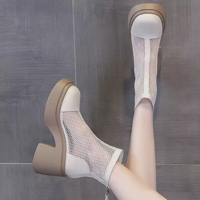 Bottes d'été fines en maille respirante pour femmes, à talon haut et ajourées, style polyvalent à semelle épaisse pour le quotidien, bout rond