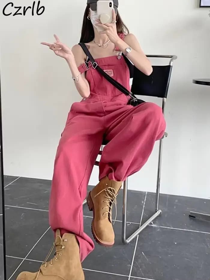 Pink Jumpsuits Women Loose Y2k Young Simple High Street Summer Leisure Vintage Washed Denim Popular Trousers Harajuku Hip Hop