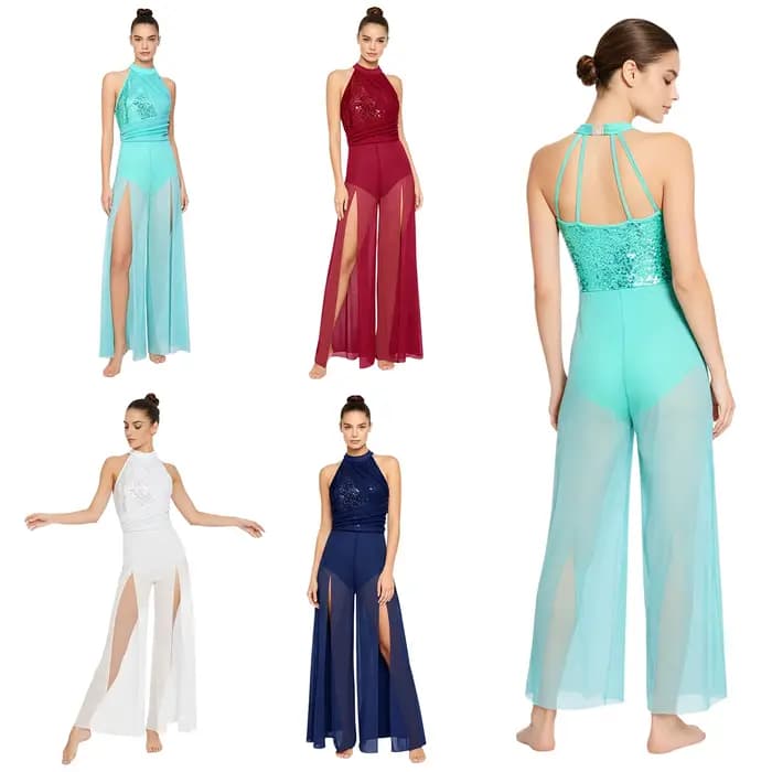 Combinaison de danse lyrique moderne pour femme, avec haut à sequins dos nu, en maille, à jambes larges, pour la gymnastique rythmique