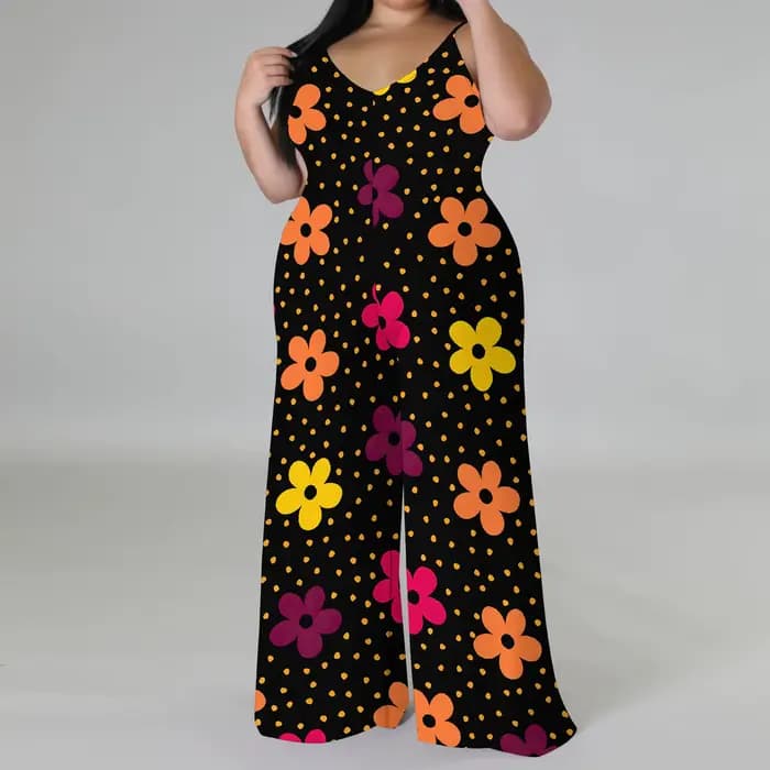 Combinaison florale grande taille – Barboteuse à jambes larges et épaules dénudées avec écharpe, pantalon Boho Palazzo pour femme