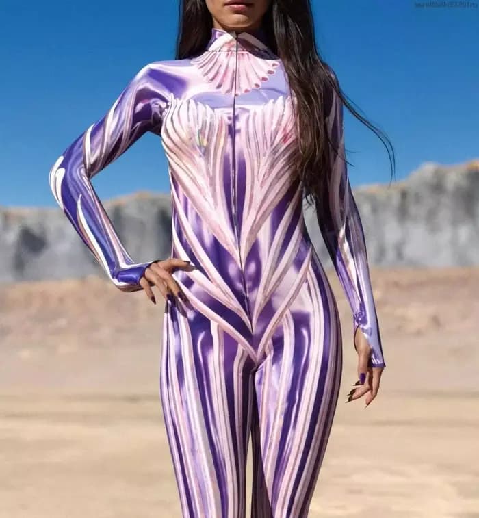 Combinaison moulante sexy pour femme, costume de cosplay pour festival de musique, performance scénique, combinaison intégrale rayée violette