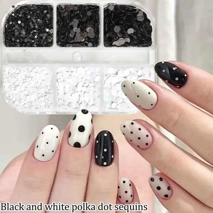Accessoires de nail art à pois noirs et blancs scintillants, nail art rétro à motifs floraux et paillettes, paillettes rondes polyvalentes DIY