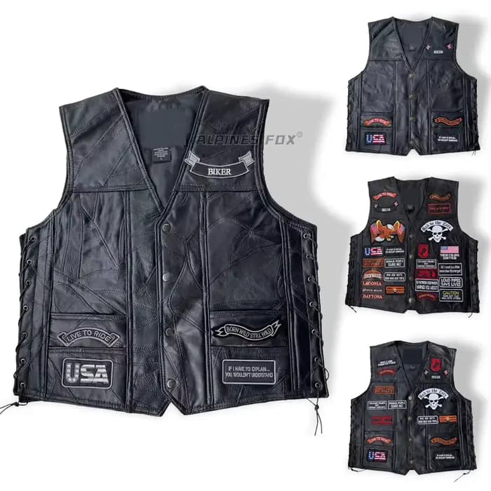 Veste de moto vintage en cuir véritable pour homme
