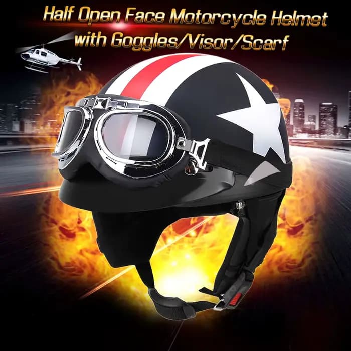 Casque de moto demi-visage ouvert avec lunettes visière écharpe motard Scooter