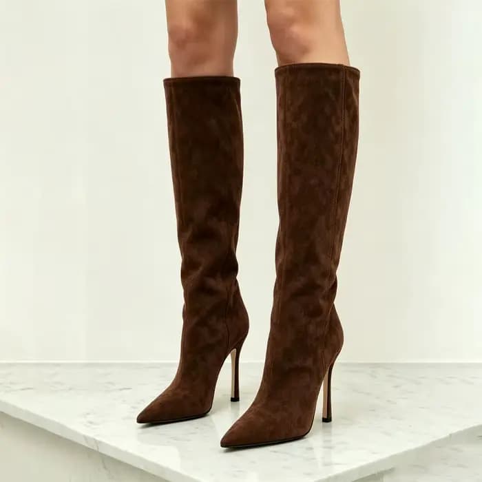 Bottes hautes en daim pour femmes, bottes à talon aiguille pointues et à tige large, 5 couleurs : noir/marron/rouge/gris/camel, bottes hautes pour soirée d'hiver