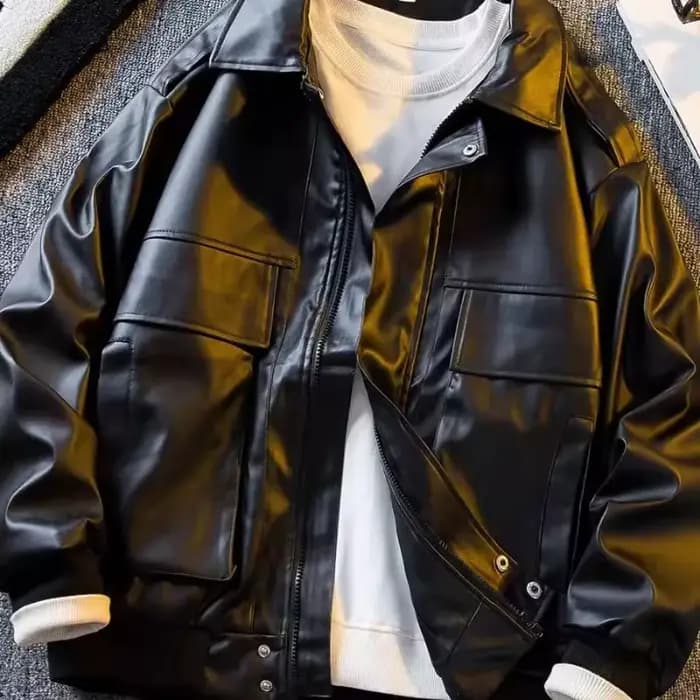 Veste en cuir ample à revers rétro japonais pour hommes et femmes
