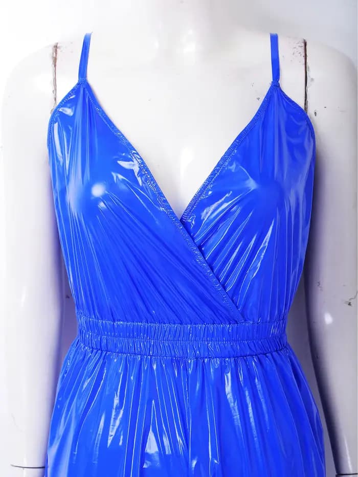Combinaison brillante imperméable pour femme, bretelles réglables, col en V, taille élastique, jambe large, tenue de soirée, clubwear, streetwear
