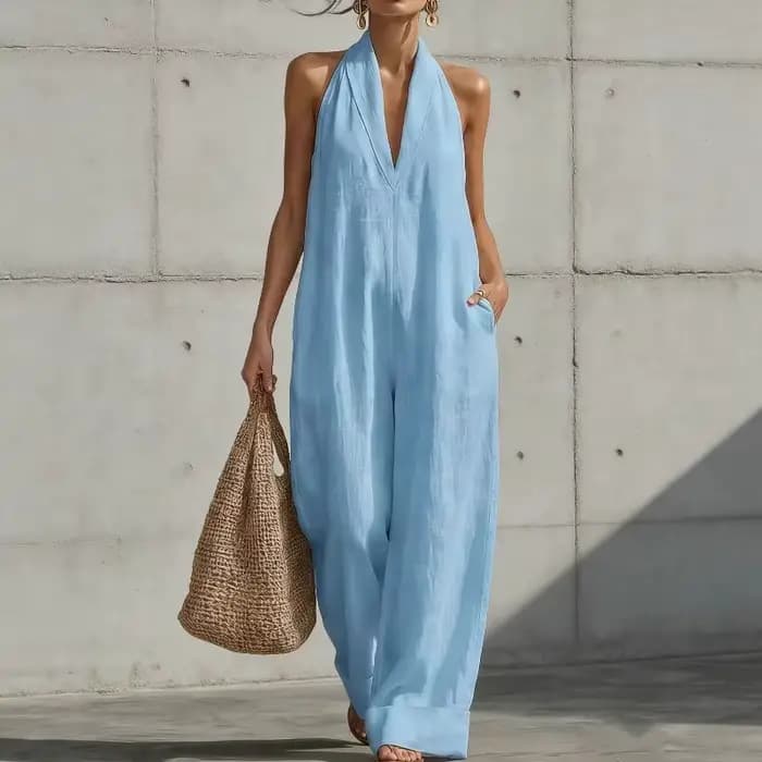 Combinaison décontractée d'été pour femmes, coupe ample, à jambes larges, col halter, sans manches, col en V, couleur unie, pour les vacances et le quotidien