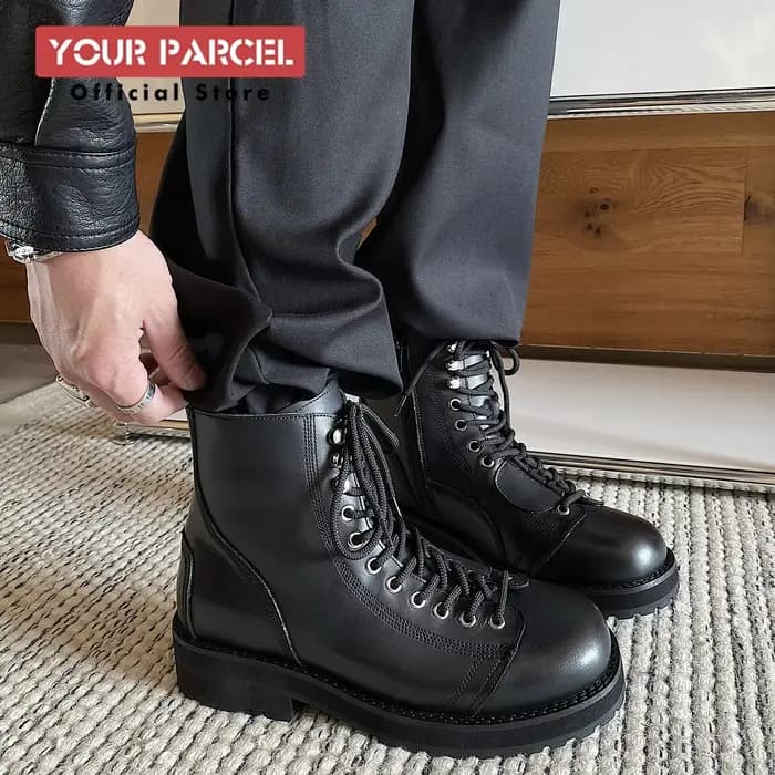 Bottes courtes en cuir noires à lacets pour hommes
