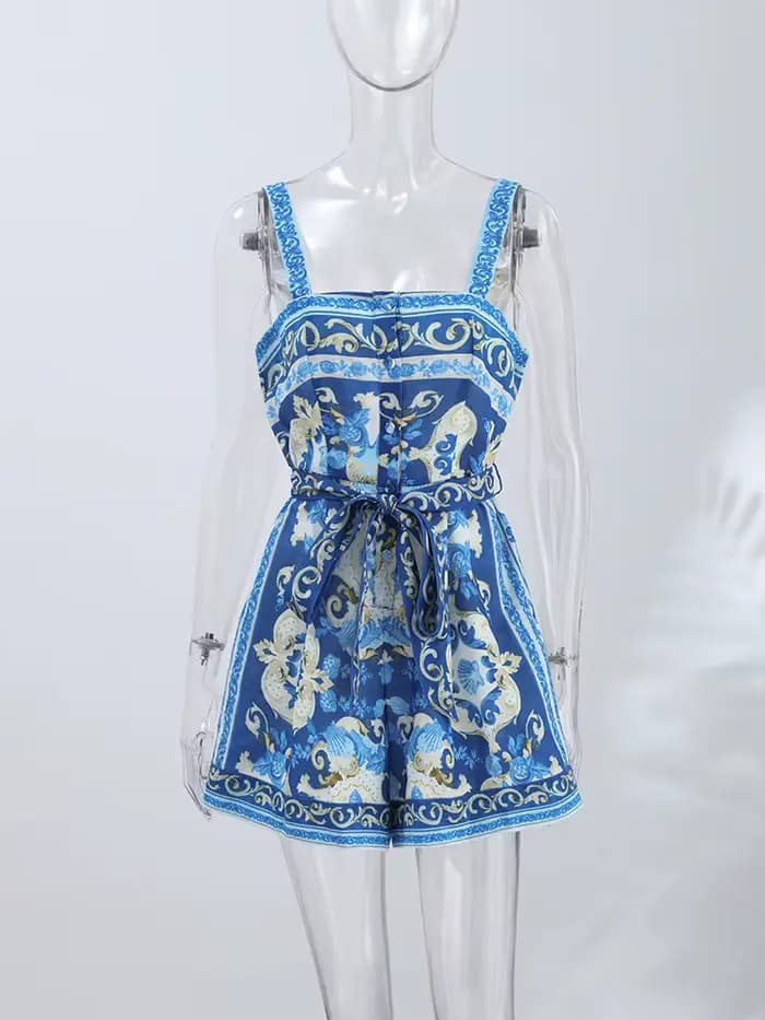 Combinaison-short en lin imprimé pour femme, à lacets, taille haute, jambes larges, nouvelle collection été 2026, chic pour les vacances