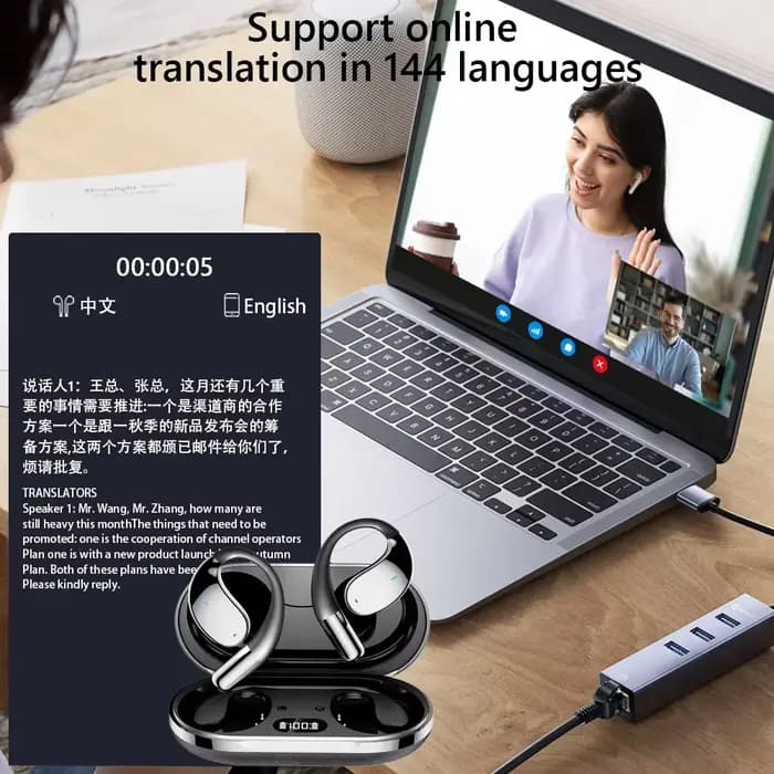 Casque de traduction intelligent AI, casque sans fil Bluetooth sport, réduction de bruit, traducteur en temps réel 144 langues, écouteurs