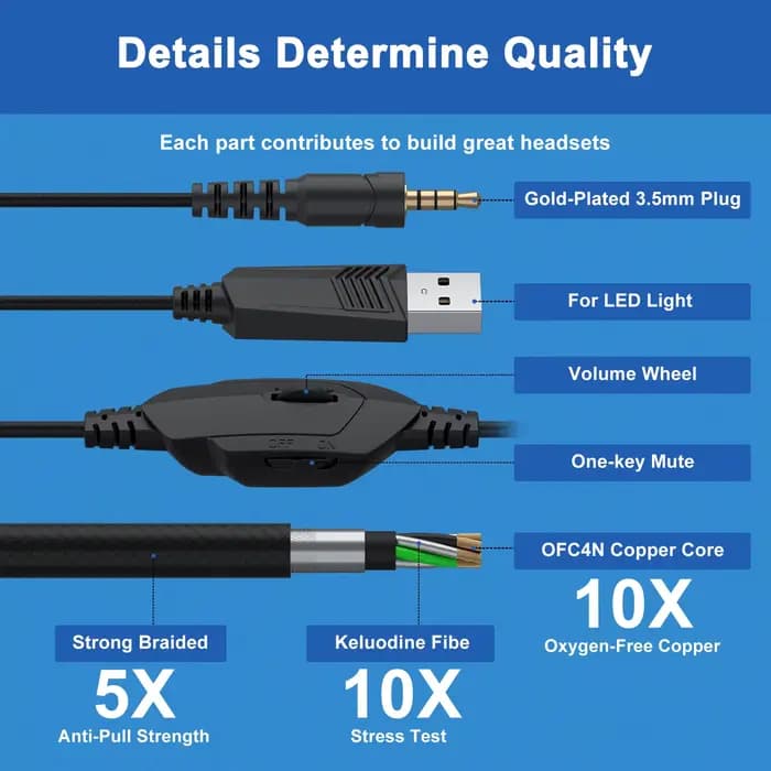 Casque de jeu avec micro dynamique RGB/contrôle intégré pour PC, PS4, PS5, casque de jeu USB 3,5 mm pour ordinateur portable