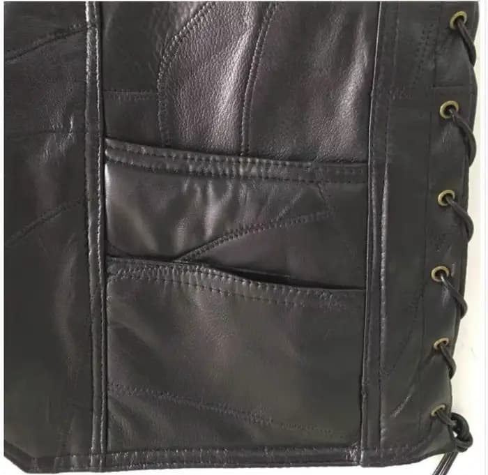 Gilet de moto en cuir noir réglable avec lacets latéraux pour homme