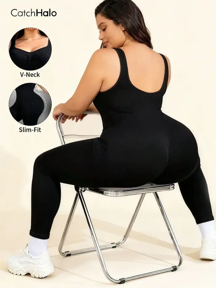 Combinaison de yoga sans coutures pour femme, grande taille — Dos nu, col en U, sans manches — Bodysuit gainant effet push-up fessier — Tenue de fitness et d'entraînement