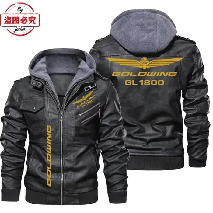 Golden Wing 1800 Logo de moto imprimé rétro lavé veste en cuir PU coupe-vent hommes veste en cuir à capuche costume d'équitation