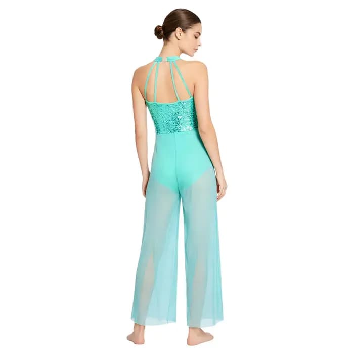 Combinaison de danse lyrique moderne pour femme, avec haut à sequins dos nu, en maille, à jambes larges, pour la gymnastique rythmique