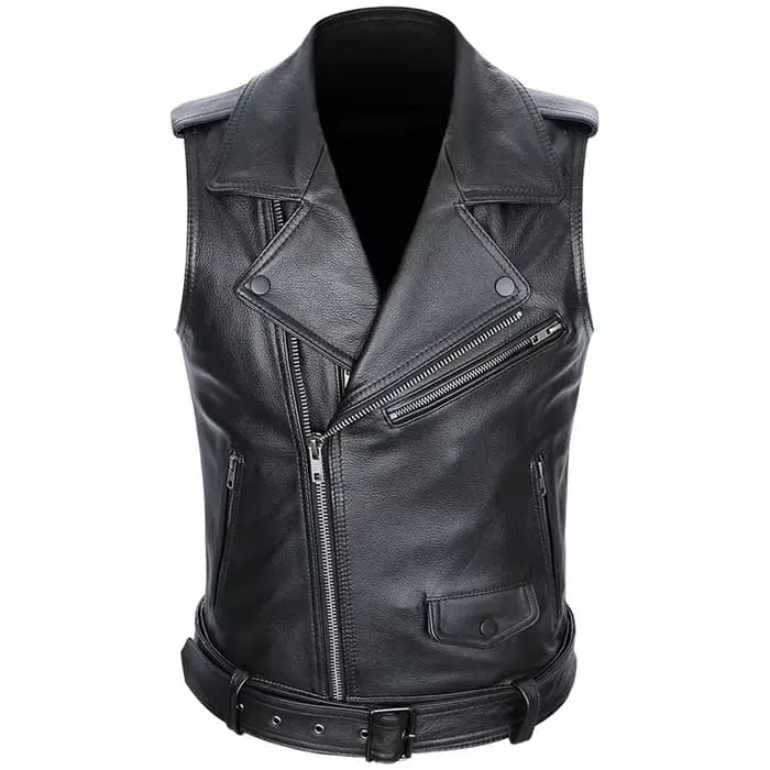 Veste de moto classique en cuir de vachette pour homme