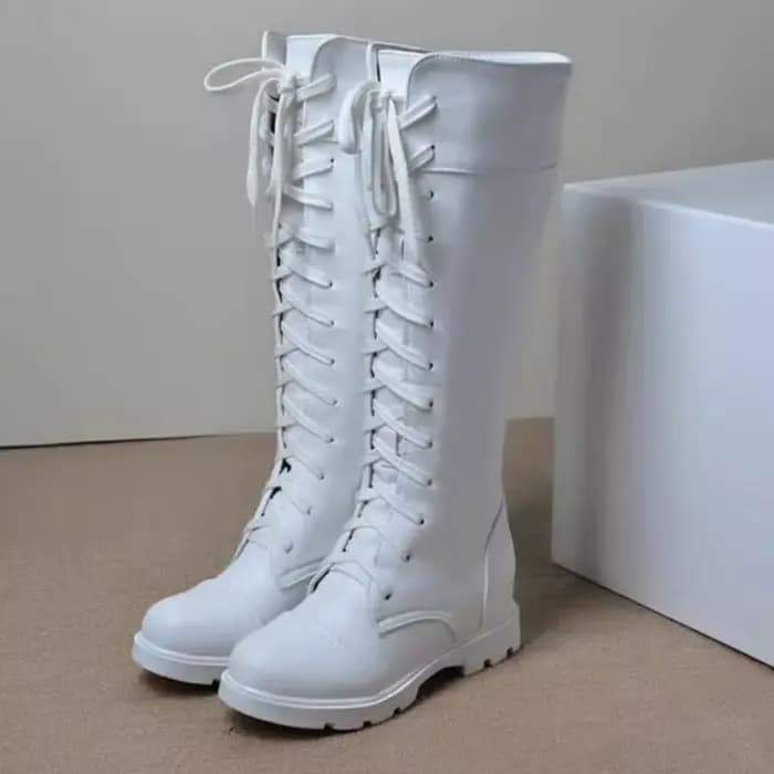 Bottes hautes à lacets pour femmes, en cuir souple, à la mode, à talons carrés blancs, en Pu, grande taille 34-43, automne
