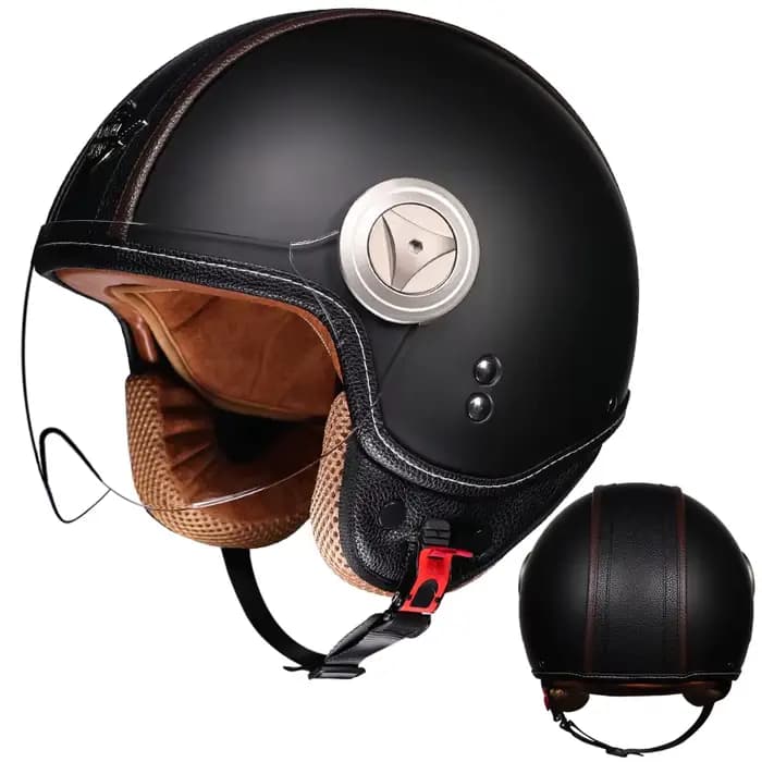 Casque de moto demi-visage rétro couture en cuir Beige marron