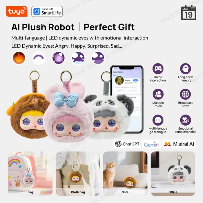 Robot en peluche intelligent Tuya AI avec yeux LED et commande vocale